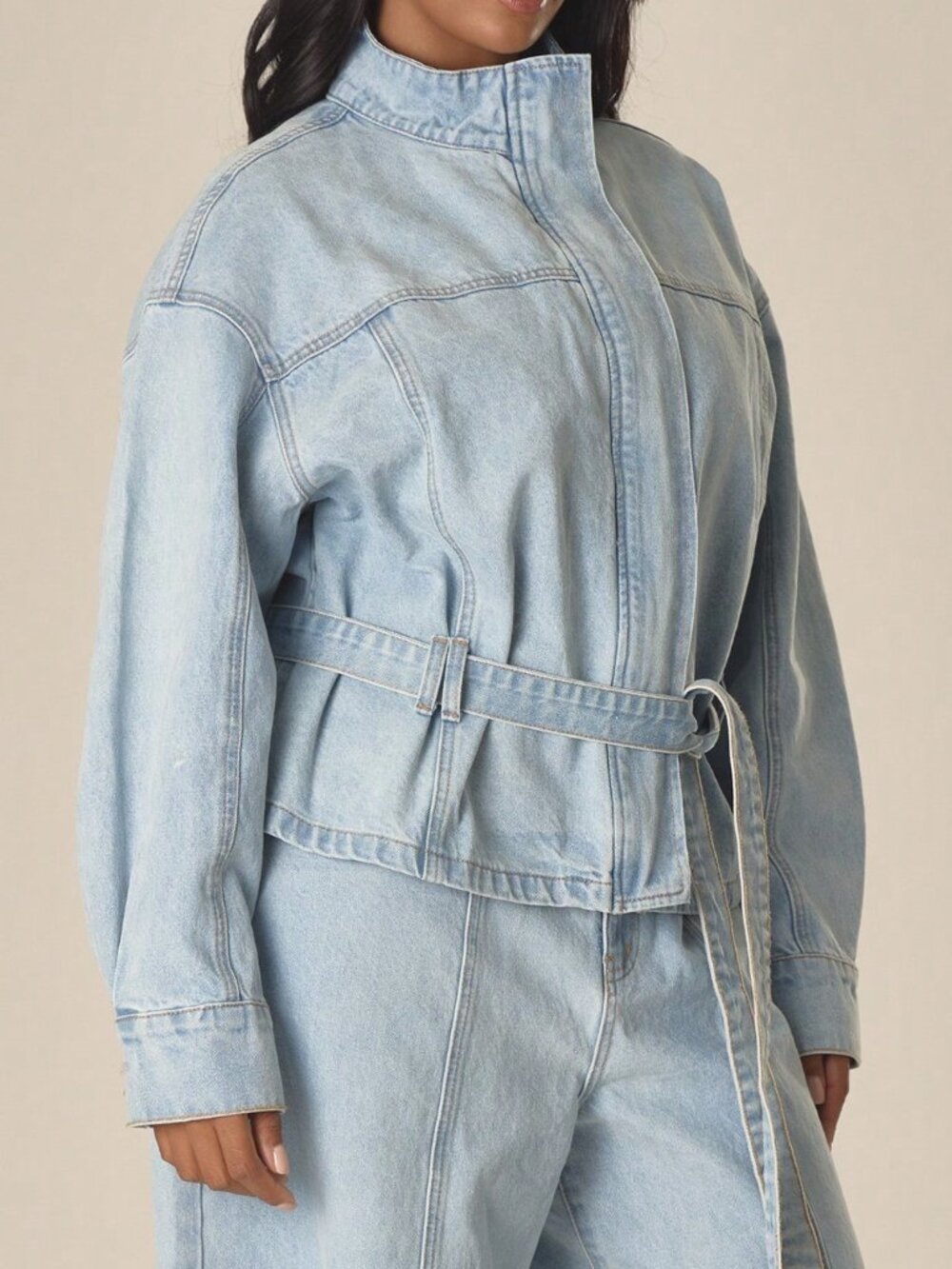Blue Casual Women's Plus Size High Neck Zip Button Front Denim Jacket - Picture 3 of 5